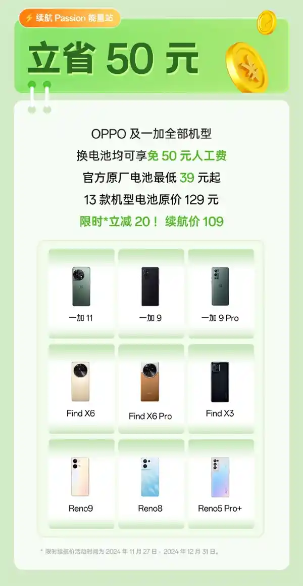OPPO独家推出电池更换特惠：全线机型人工费免50元，39元起享换新服务