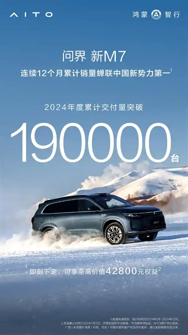 2024年中国新势力第一！问界M7年交付突破19万辆，即将创下20万辆里程碑