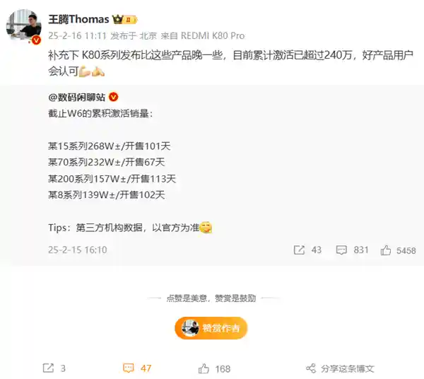 红米K80系列惊艳登场，全球激活超240万台！