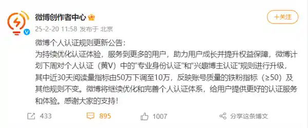 社交平台革新：微博黄V认证门槛大调整，阅读量要求骤降！