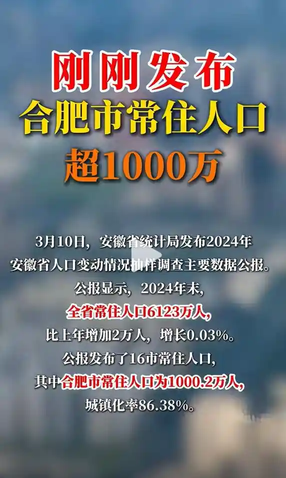 合肥突破千万大关！中国第18座人口超过1000万的大城市诞生