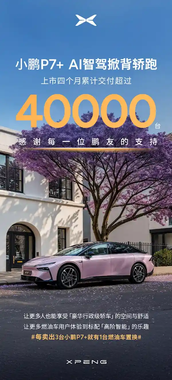 [智驾新标杆！小鹏P7+上市四月交付量冲破4万大关]