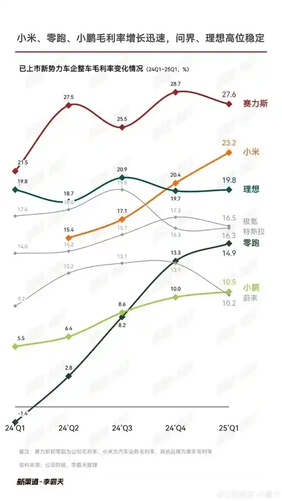 《问界亮眼！国内新势力车企毛利率大比拼：赛力斯登顶，小米紧随其后》