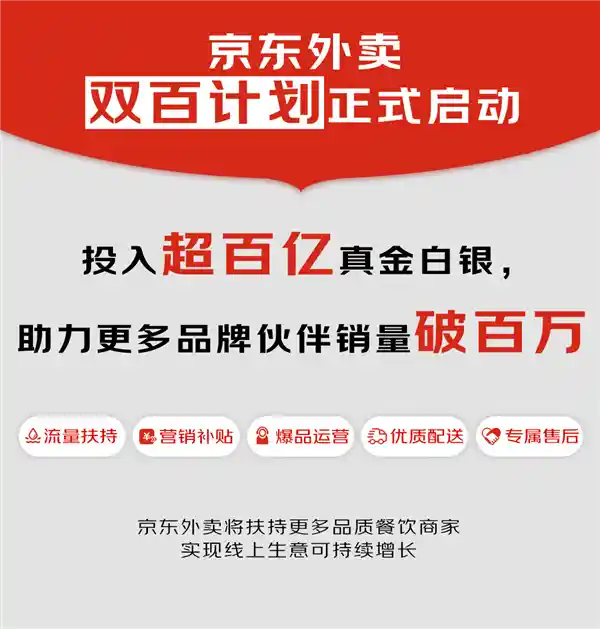 京东外卖启动双百计划：4个月200+品牌销量破百万，百亿扶持品质商家
